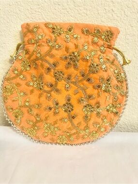 Indian Potli Embroidered Cantaloupe Velvet Bag with Gold Motif (9”x9”)
